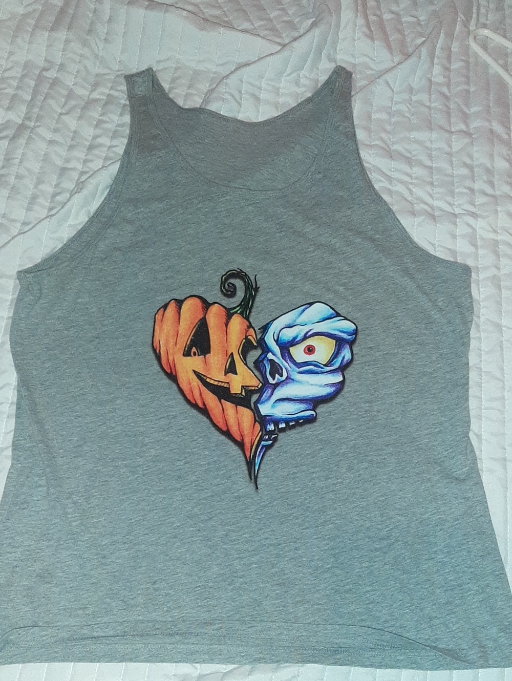 Grey Men Graphic Tank Top with Halloween Heart Pumpkin and Skull